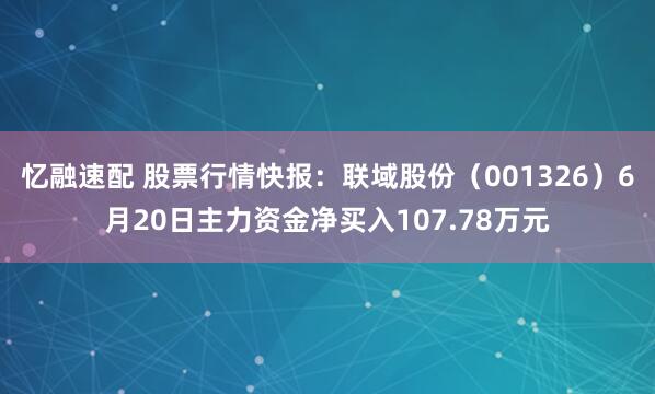 忆融速配 股票行情快报：联域股份（001326）6月20日主力资金净买入107.78万元